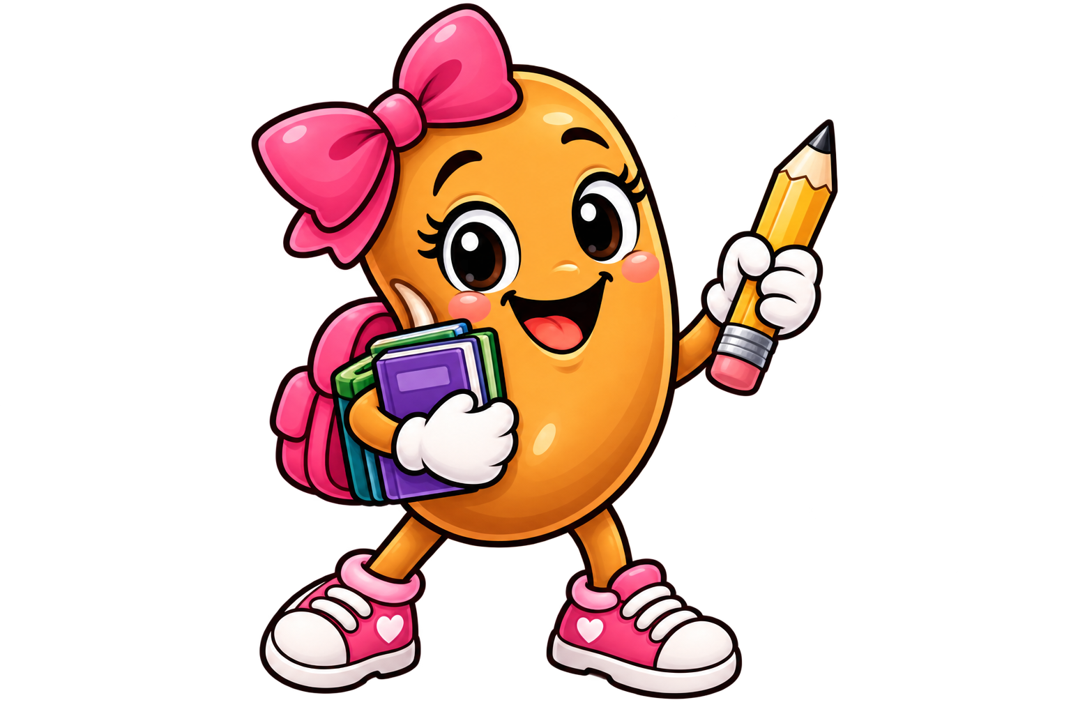 Scripture Bean girl ready to learn with books and a pencil