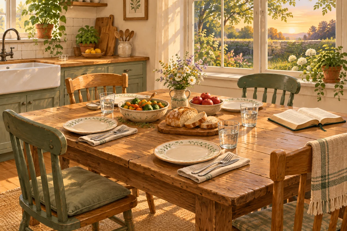 A cozy table set for a family meal, with bread, fruit, and a Bible