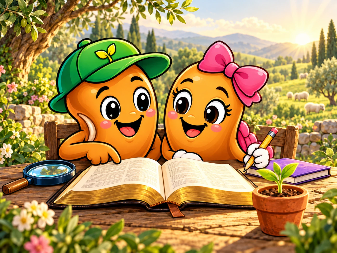 Bean Boy and Bean Girl discover together at a garden table with an open Bible, books, and a little seedling