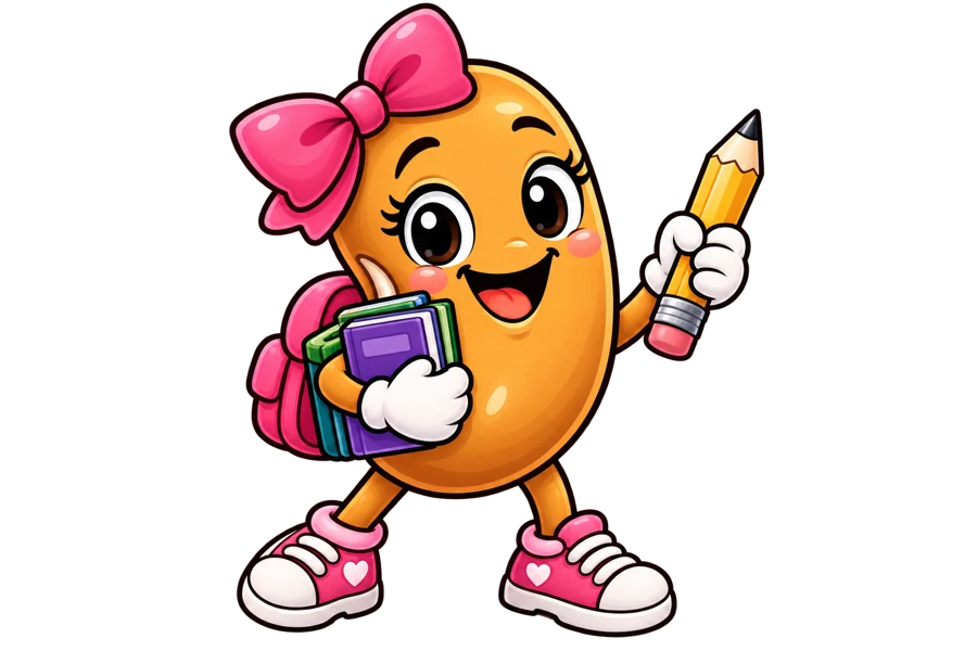 Bean Girl ready to explore with her pencil and books